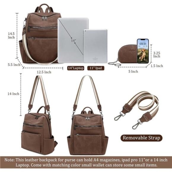 Vegan Leather Backpack for Women Brown7 - Picture 3 of 6